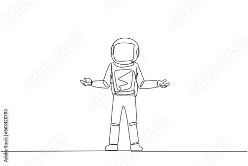 Continuous one line drawing young astronaut standing straight with open arms. Lonely and sadness astronaut lamenting undeveloped business. Unhappy manager. Single line draw design vector illustration