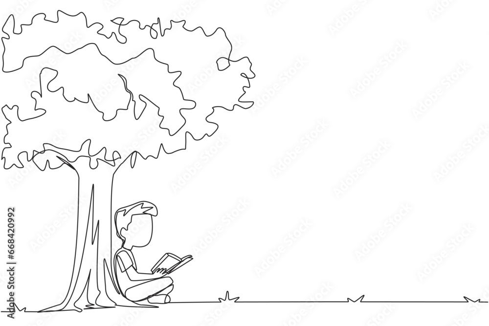 Single continuous line drawing boy sitting reading a book under shady ...