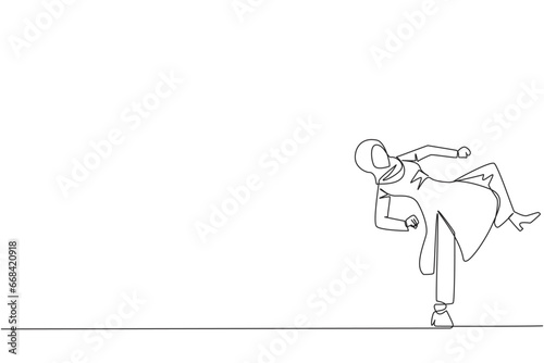 Continuous one line drawing Arabian businesswoman doing taekwondo movements. Kicking motion. Strong legs. Keeping business with sport. Keep healthy stay strong. Single line design vector illustration
