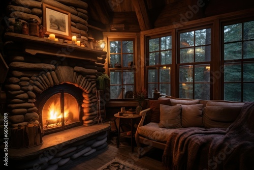 Cozy woodland cabin interior with fireplace and wooden furniture.