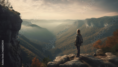 One person hiking mountain peak  backpack  autumn landscape  standing achievement generated by AI