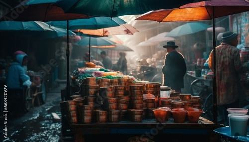 Busy street market vendors selling multi colored crafts in East Asia generated by AI