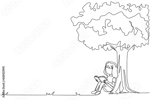 Single one line drawing girl sitting reading a book under shady tree. Continuing the second volume of the fiction story book. Enjoy reading. Book festival. Continuous line design graphic illustration