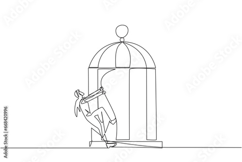 Single continuous line drawing Arabian businessman pull iron bars until dent. Describes anger. Businessman expressing disappointment. Unhappy feeling. Exasperated. One line design vector illustration