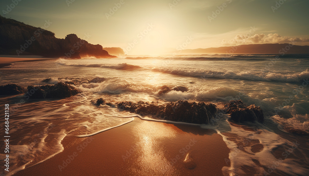 Sunset over the tranquil coastline, water reflecting golden beauty generated by AI
