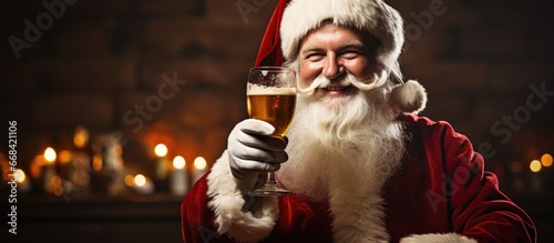 Santa Claus holding a beer mug in a horizontal format with a red spot background