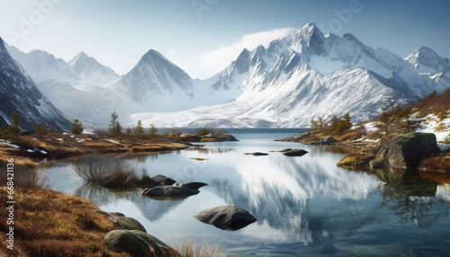 Majestic mountain peak reflects tranquil beauty in nature panoramic landscape generated by AI