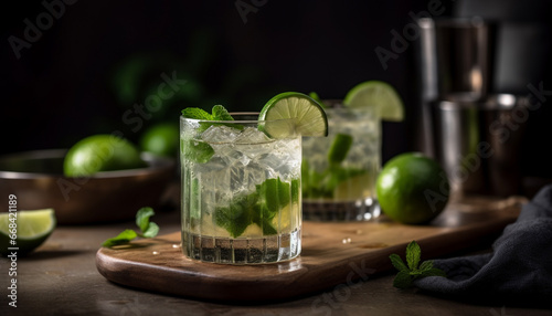 Fresh mojito cocktail with lime slice and mint leaf garnish generated by AI