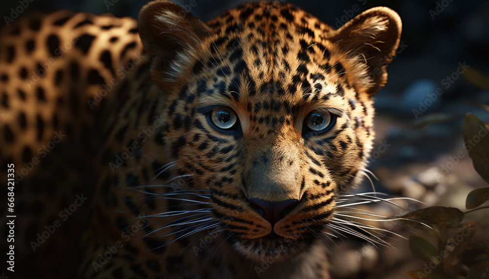 Fototapeta premium Majestic big cat staring, spotted in African wilderness, undomesticated generated by AI