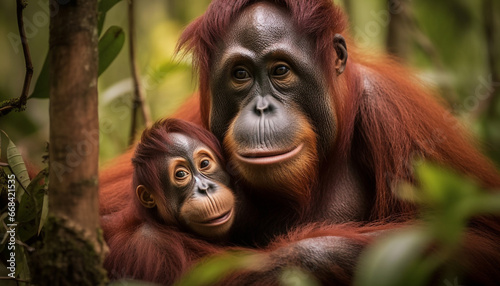 Endangered primate family in tropical rainforest, playful and cute generated by AI