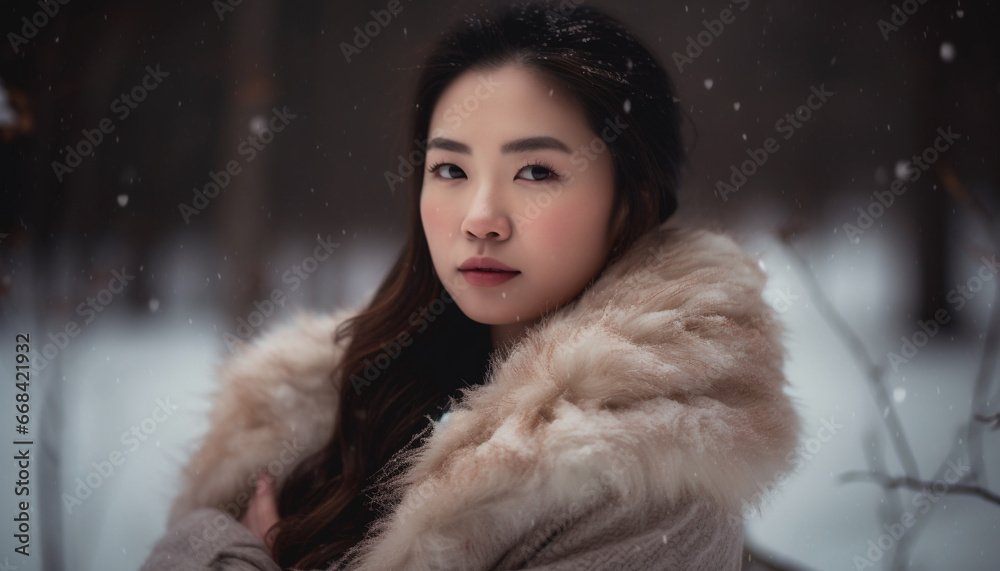 Young woman in fur coat, smiling, looking at camera outdoors generated by AI Young woman in fur coat, smiling, looking at camera outdoors generated by AI