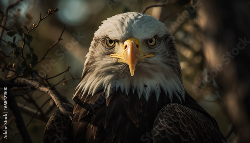 Majestic bird of prey perching on tree branch  looking fierce generated by AI