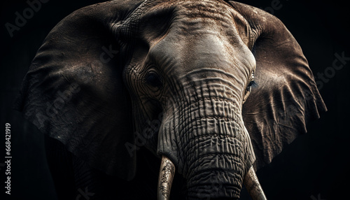 African elephant portrait, close up of wrinkled trunk and tusks generated by AI © Stockgiu
