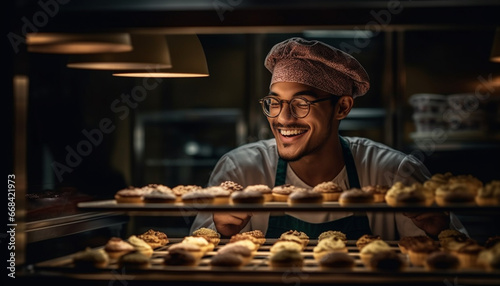 Smiling man preparing homemade muffins in commercial kitchen generated by AI