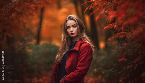 Young woman in autumn forest, smiling, looking at camera generated by AI