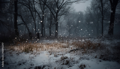 Winter night snowy forest, dark tree, frosty branch, mysterious beauty generated by AI