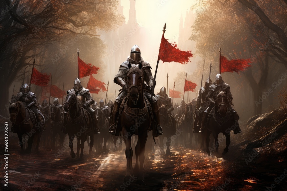Templar knights on a quest in a fantasy landscape - obrazy, fototapety, plakaty 