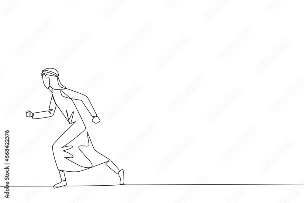 Single continuous line drawing Arabian businessman leisurely strolling. Habit to get rid of nervousness. Nervous when meeting big client. Light exercise for health. One line design vector illustration