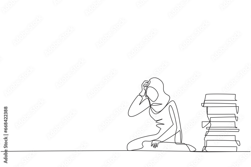 Single continuous line drawing Arabian businesswoman sitting near piles of work files. Too much work is stressful. Putting off work makes work neglected. Tired. One line design vector illustration