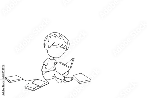 Single continuous line drawing boy sitting relaxed in a library reading a lot of books. Looking for answers to school assignments. Reading hobby. Book festival. One line design vector illustration