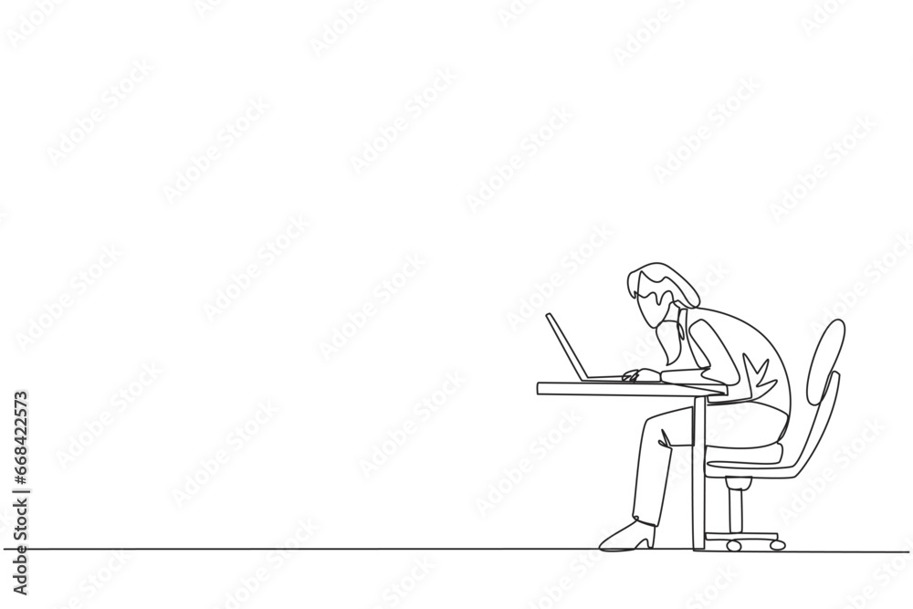 Continuous one line drawing businesswoman sitting and typing on laptop computer. Work hard to achieve maximum expected results. Overtime and work smart. Single line draw design vector illustration