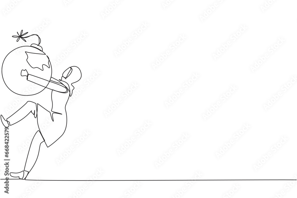 Continuous one line drawing Arabian businesswoman carrying bomb with burning fuse. Concept of keeping danger away from the business environment to survive. Single line draw design vector illustration Continuous one line drawing Arabian businesswoman carrying bomb with burning fuse. Concept of keeping danger away from the business environment to survive. Single line draw design vector illustration