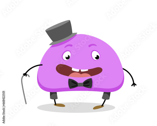 Cute monster character concept. Abstract spotted demon. Fictional character in hat with stick. Poster or banner. Cartoon flat vector illustration isolated on white background