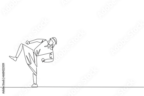 Single one line drawing Arabian businessman doing taekwondo movements. Kicking motion. Strong legs. Keeping business with sport. Keep healthy stay strong. Continuous line design graphic illustration