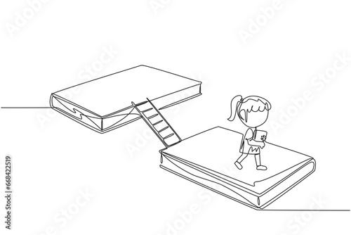 Single continuous line drawing girl walking on books. A book exhibition concept. Display many books, from scientific books to fiction story books. Book festival. One line design vector illustration