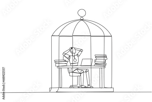 Single continuous line drawing robot trapped in cage sitting on office chair holding head. Being in routine trap. Tired and irritated with the daily grind. AI tech. One line design vector illustration