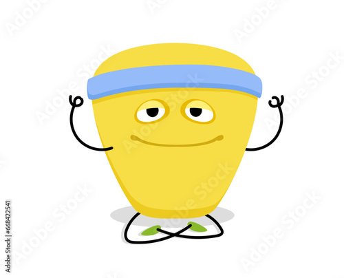 Cute monster character concept. Abstract spotted demon. Fictional character in lotus position. Yoga and meditation, sport. Cartoon flat vector illustration isolated on white background
