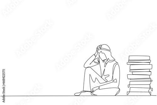 Continuous one line drawing Arabian businessman sitting near piles of work files. Too much work is stressful. Putting off work makes work neglected. Tired. Single line draw design vector illustration