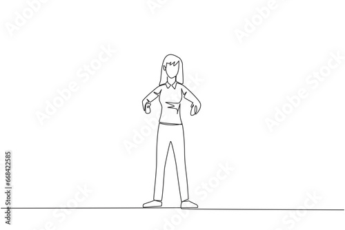 Continuous one line drawing businesswoman standing straight. Survive inflation and pandemics. Looking to the future of business is full of hopes of success. Single line draw design vector illustration