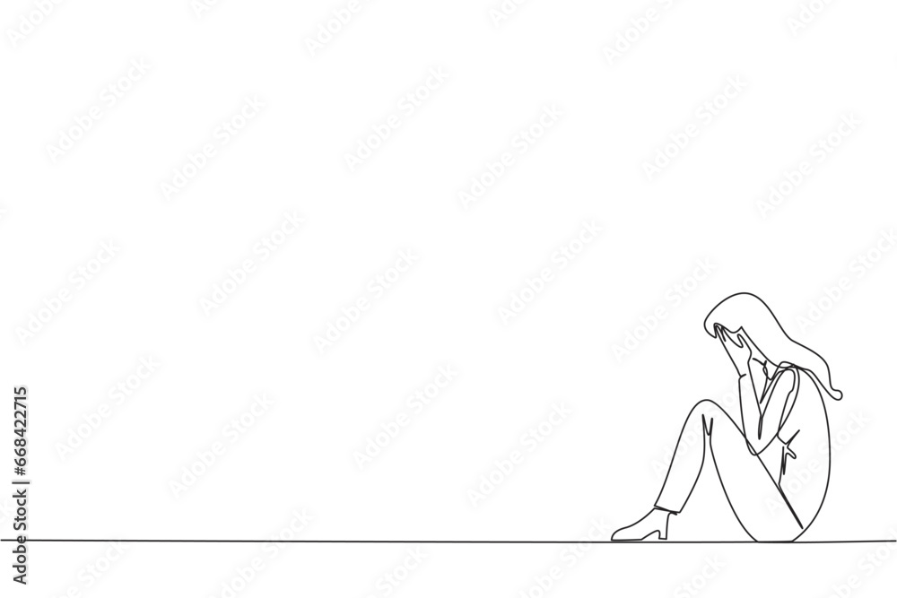 Single one line drawing businesswoman sitting while covering face. A sad businesswoman bemoans the fate of business. Failure to develop business unit. Continuous line design graphic illustration