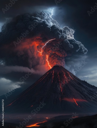 volcano eruption clouds lightning over mountains photo