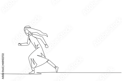 Single one line drawing Arabian businessman doing light exercise. Running aims to maintain heart health. Businessman with healthy life style. Good mental. Continuous line design graphic illustration