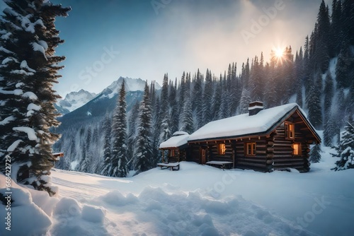 A remote alpine cabin nestled in a snowy wonderland,