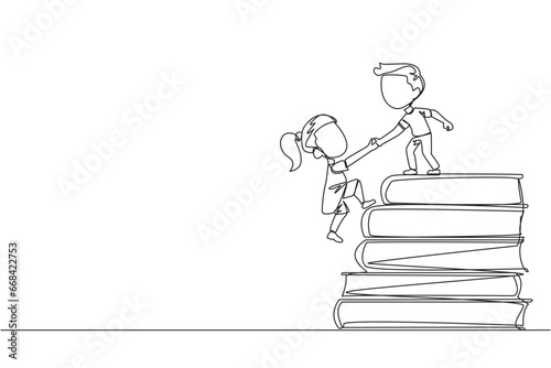 Single continuous line drawing boy helps girl climb a pile of books. The concept of helping each other to succeed together. Knowledge source book. Book festival. One line design vector illustration
