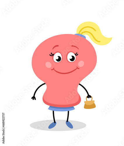 Cute monster character concept. Abstract spotted demon. Adorable fictional character with bag. Sticker for social networks. Cartoon flat vector illustration isolated on white background