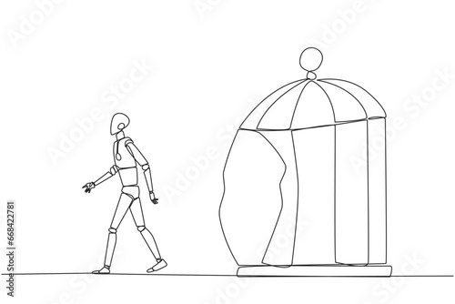 Continuous one line drawing robot trapped in cage and walking penetrate cage. Metaphor seeking new challenges and experiences for better future. AI tech. Single line draw design vector illustration