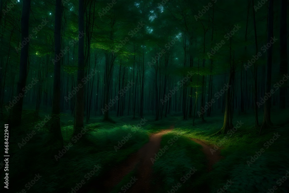 A pristine forest clearing at dusk, where fireflies illuminate the night