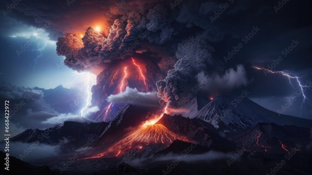 volcano eruption clouds lightning over mountains  photo