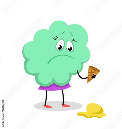 Cute monster character concept. Abstract spotted demon. Adorable fictional character with ice cream. Poster or banner. Cartoon flat vector illustration isolated on white background