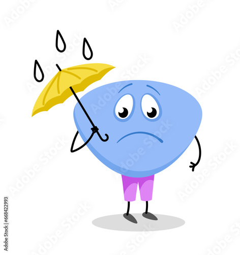 Cute monster character concept. Abstract spotted demon. Adorable fictional character with umbrella. Template and layout. Cartoon flat vector illustration isolated on white background