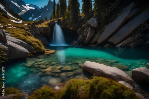 A hidden alpine waterfall, its crystal-clear waters descending into a rocky basin,