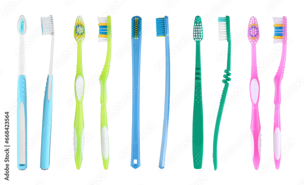 Set of different colorful toothbrushes on white background Set of different colorful toothbrushes on white background