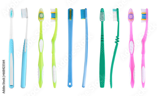 Set of different colorful toothbrushes on white background