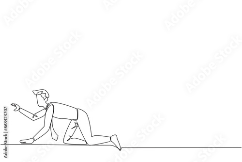 Single one line drawing crawling young businessman. Trying to get up after being attacked by a pandemic. Starting from crawling, walking, then running fast. Continuous line design graphic illustration