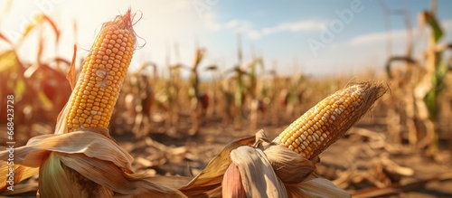 Sickly corn cobs in a field after a scorching summer