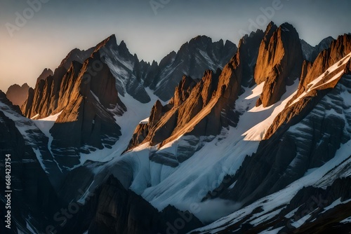 A rugged alpine ridge at dawn, with the first light breaking over the peaks.